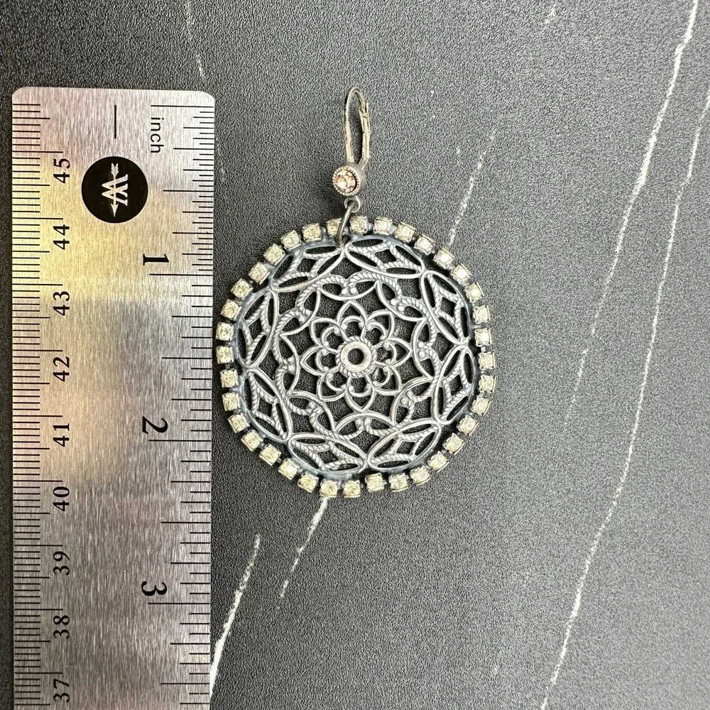 VTG‎ Oxidized Dangle Earrings Brown Rhinestone Filigree Flower Circle Statement